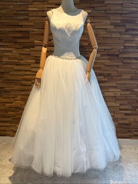Elegant White Ball Gown Dress with Beaded Waist + Swarovski Crystal Wedding Veil